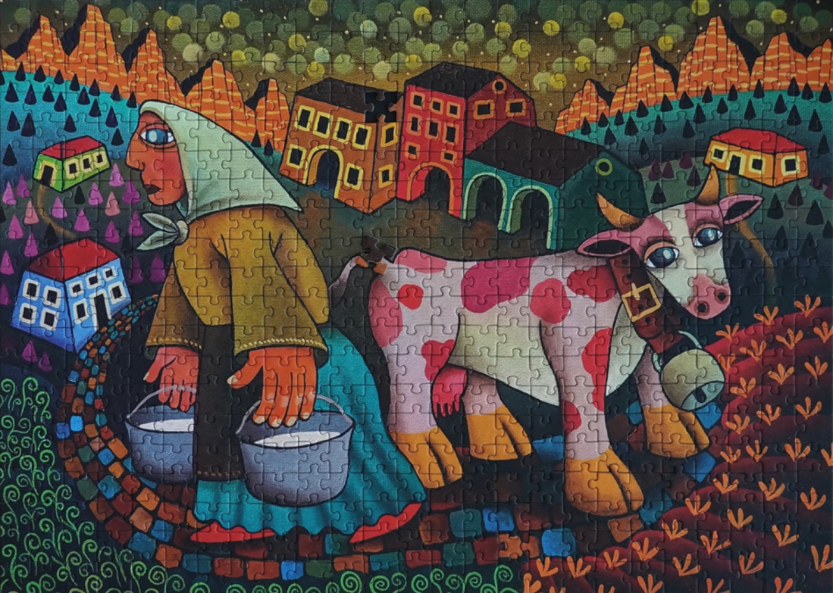 Stylized folk-art painting of a woman carrying milk buckets alongside a spotted cow in a vibrant, patterned landscape.