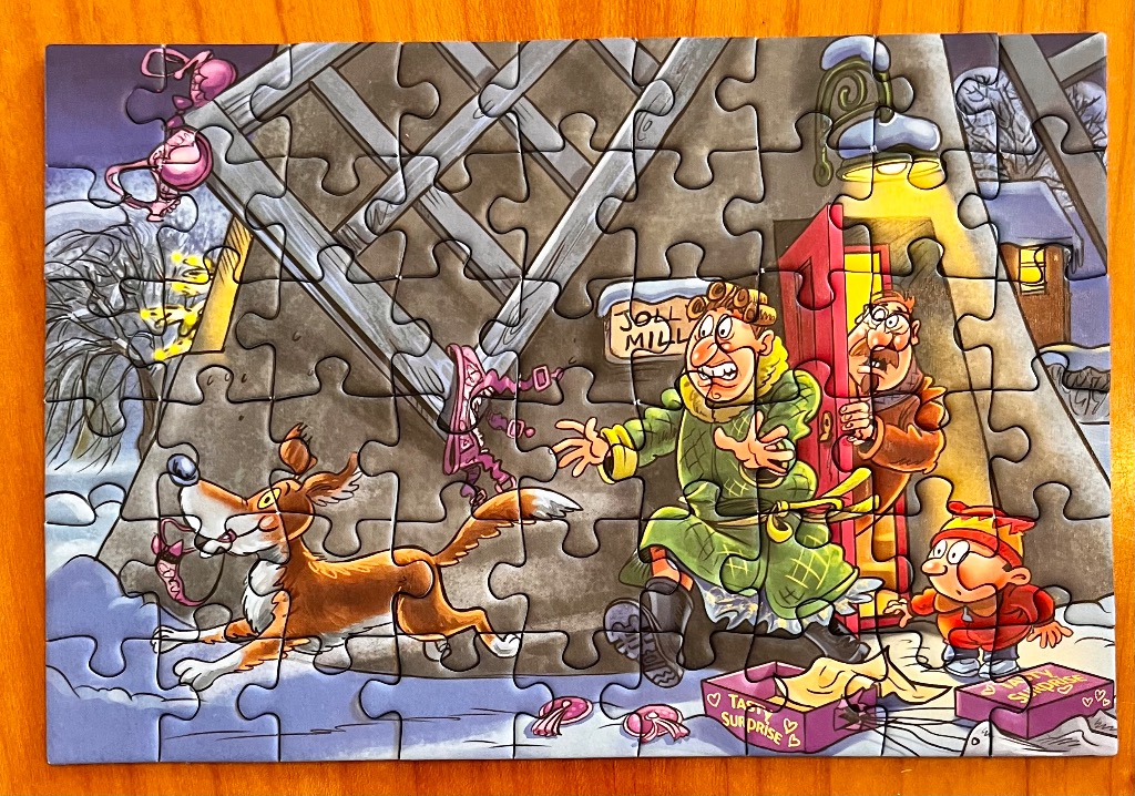 Cartoon illustration of a fox chasing a person, with others looking on. Whimsical, snowy scene.