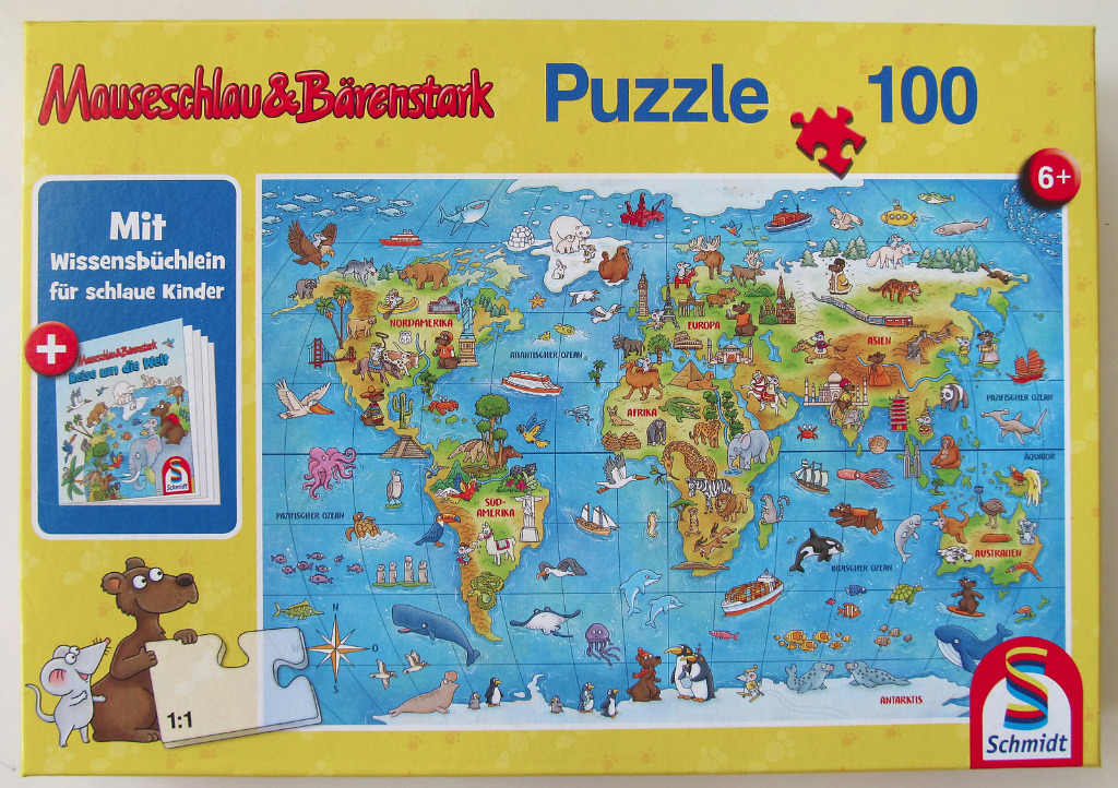 A colourful illustrated world map featuring animals and landmarks across continents on a yellow background.