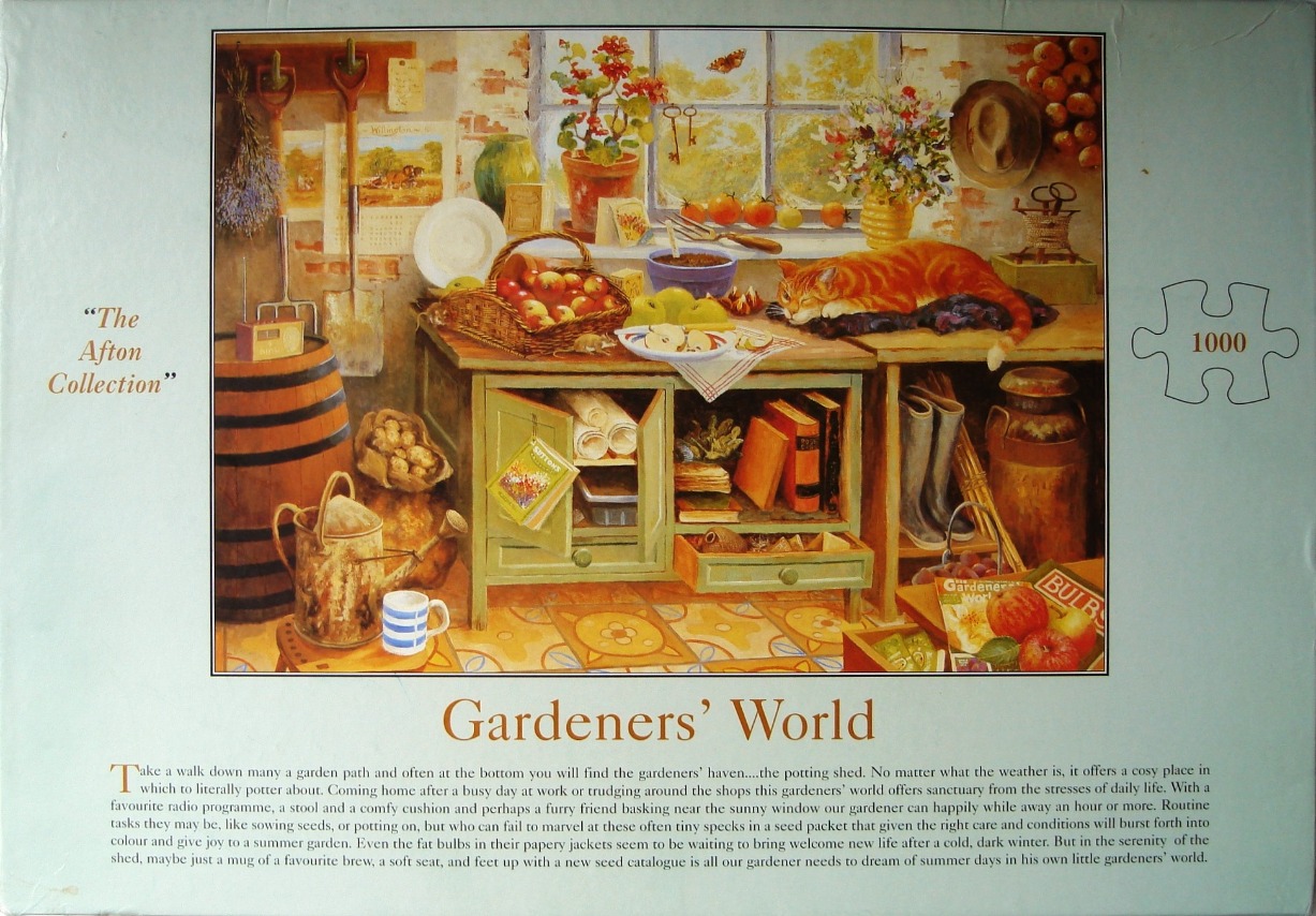 An illustration of a cozy garden potting shed featuring a resting orange tabby cat, gardening tools, and fresh produce.