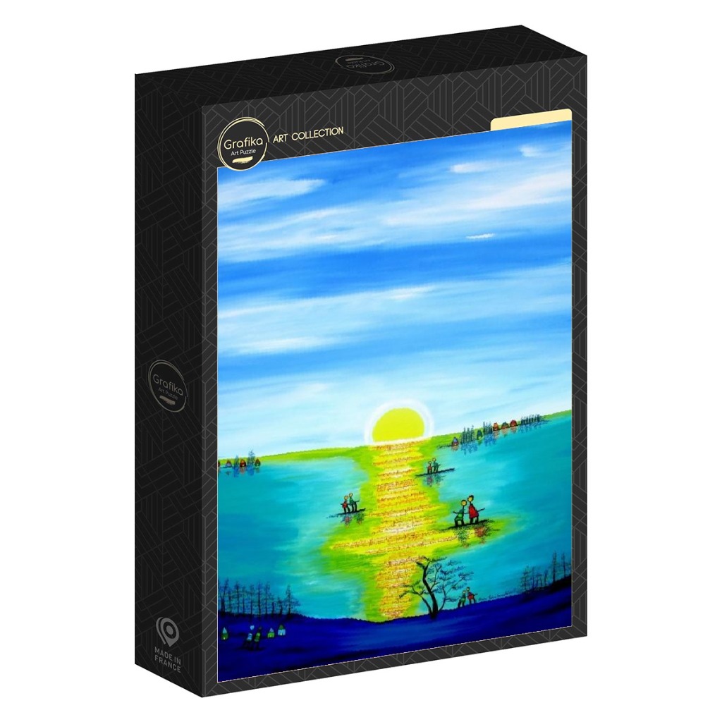 Whimsical folk art painting of a bright yellow sun reflecting over a vibrant blue and green landscape with stick figures.