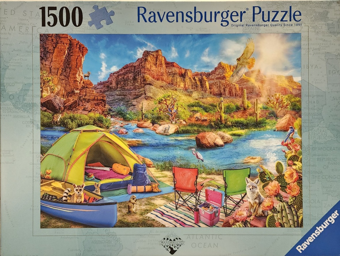 A vibrant illustration of a desert campsite nestled by a river beneath sunlit red rock canyons with various wildlife.