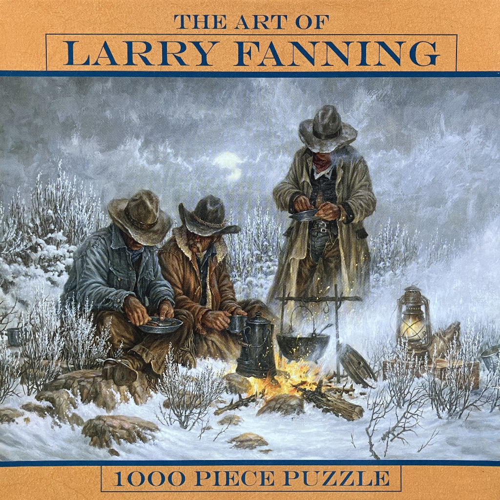 Painting of three cowboys huddled around a campfire in a snowy landscape.