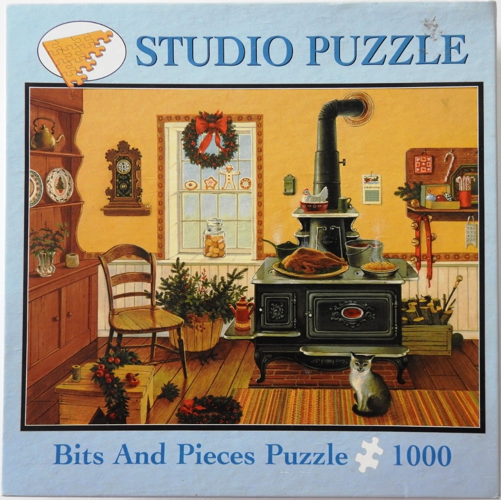 A cozy, nostalgic kitchen scene with a wood-burning stove, a cat, and Christmas decorations.
