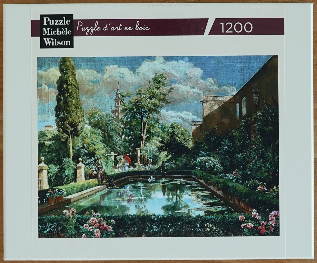 Oil painting of an ornate garden with a central reflecting pool and figures under a sunny, cloudy sky.