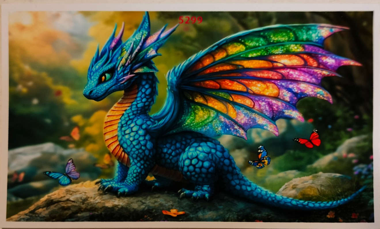 A whimsical blue baby dragon with iridescent rainbow wings sits on a rock in a mystical forest among butterflies.
