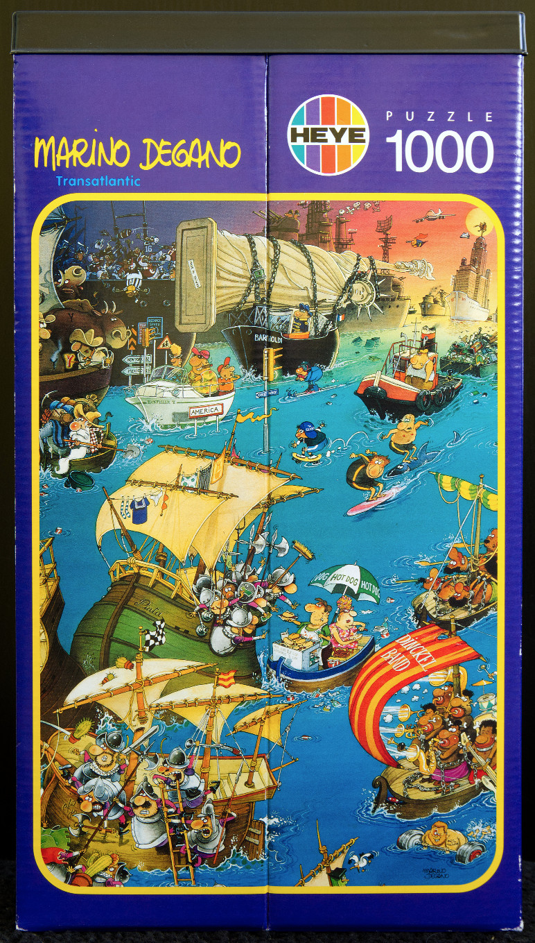 A cartoon illustration of a busy, humorous ocean scene with various historical ships and comical characters.