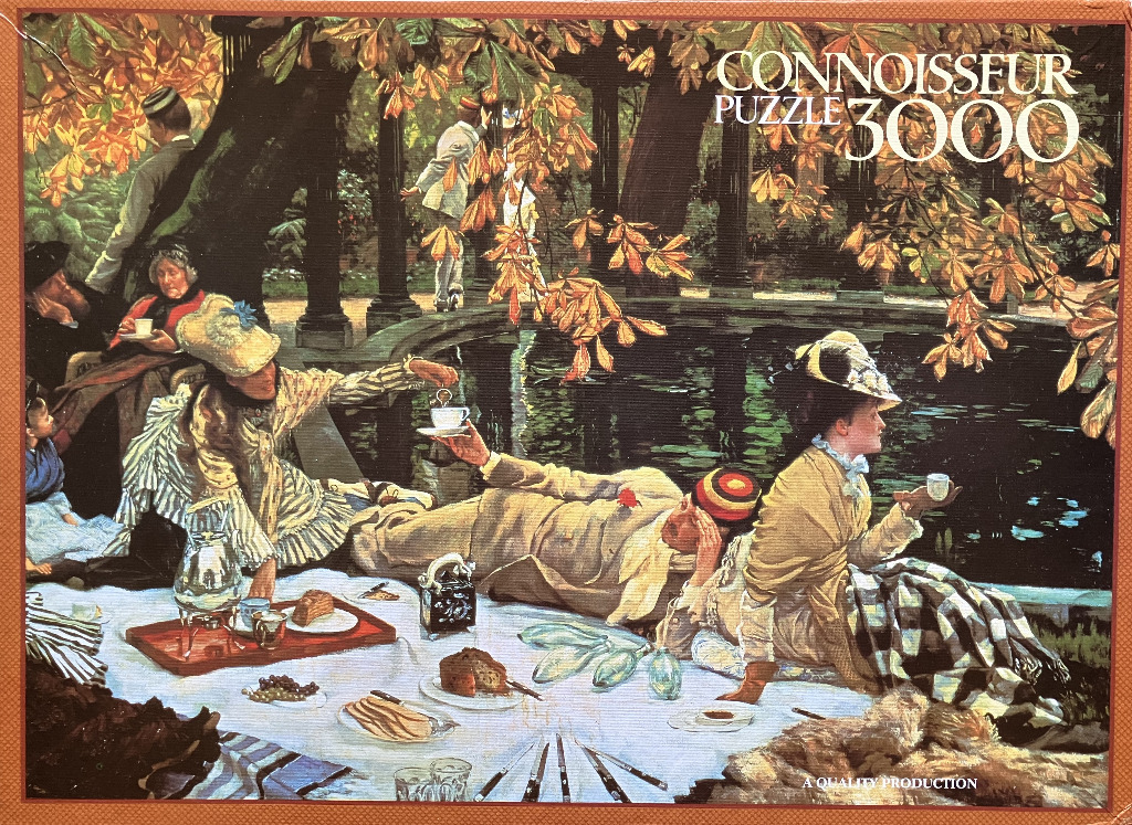 An oil painting of a Victorian picnic by a pond with figures in period clothing.