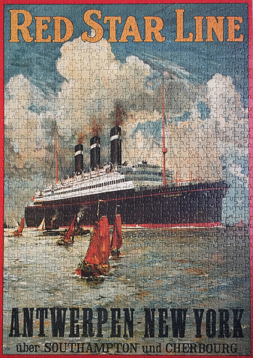 Vintage travel poster showing the ocean liner Belgenland by Red Star Line sailing between Antwerpen and New York.