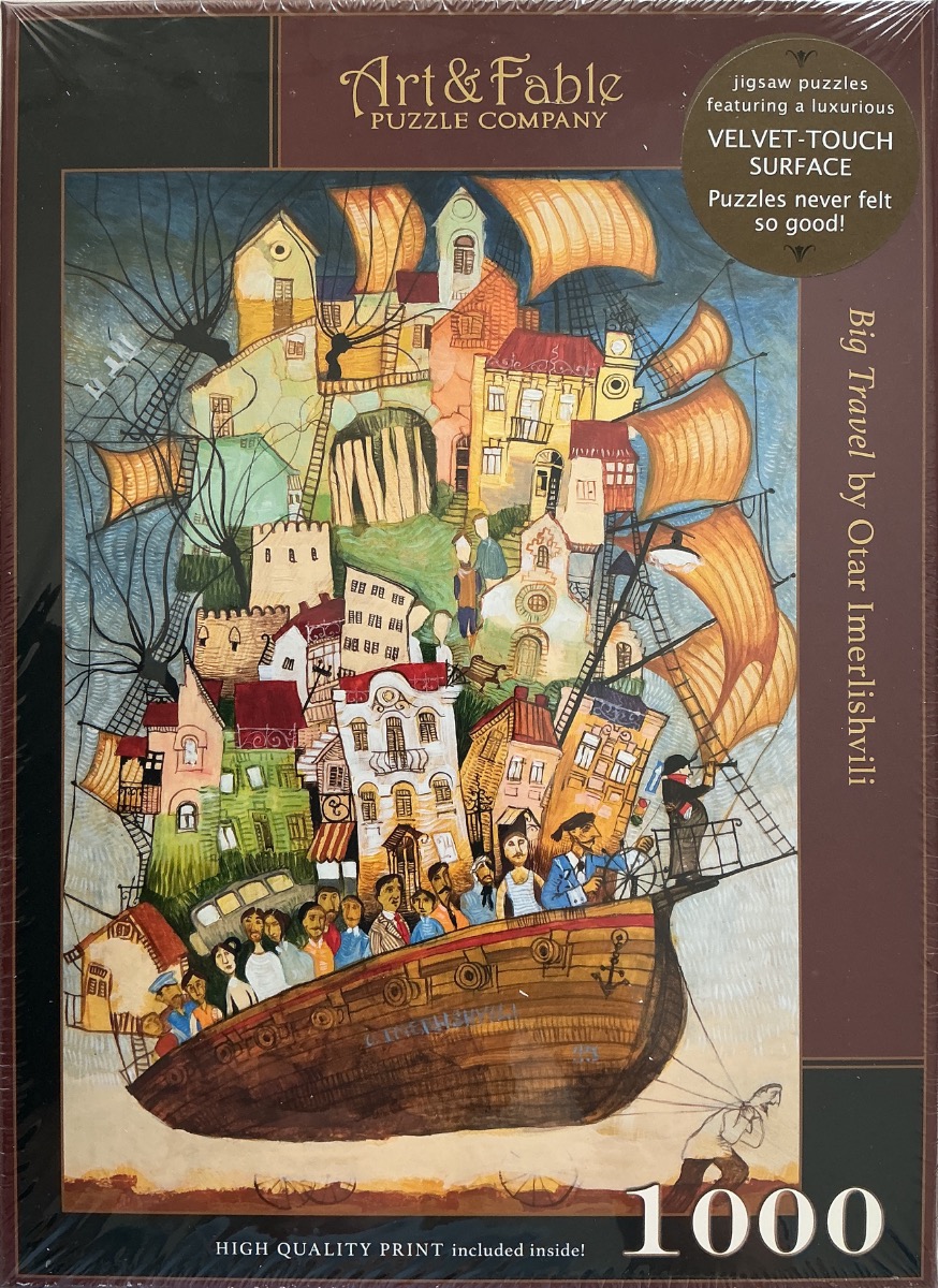 A whimsical illustration of a sailing ship carrying a tiered village of colorful buildings across a dark, stormy sea.