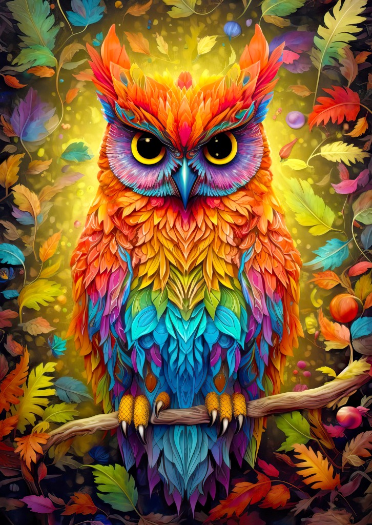 A vibrantly colored owl perched on a branch, surrounded by stylized autumn leaves.