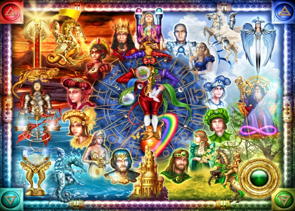 A vibrant fantasy collage centered on a jester surrounded by zodiac symbols, mythological figures, and elemental motifs.