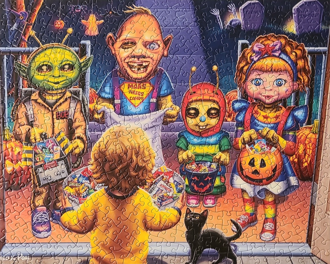 A cartoon illustration of four children in Halloween costumes standing before a toddler holding a candy bucket.