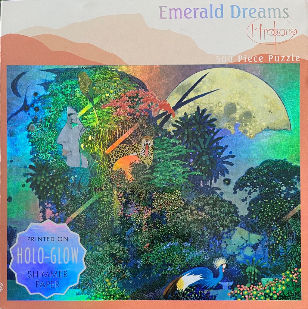 Surreal jungle scene with a woman's profile, a leopard, and a large moon, rendered in iridescent holographic colours.