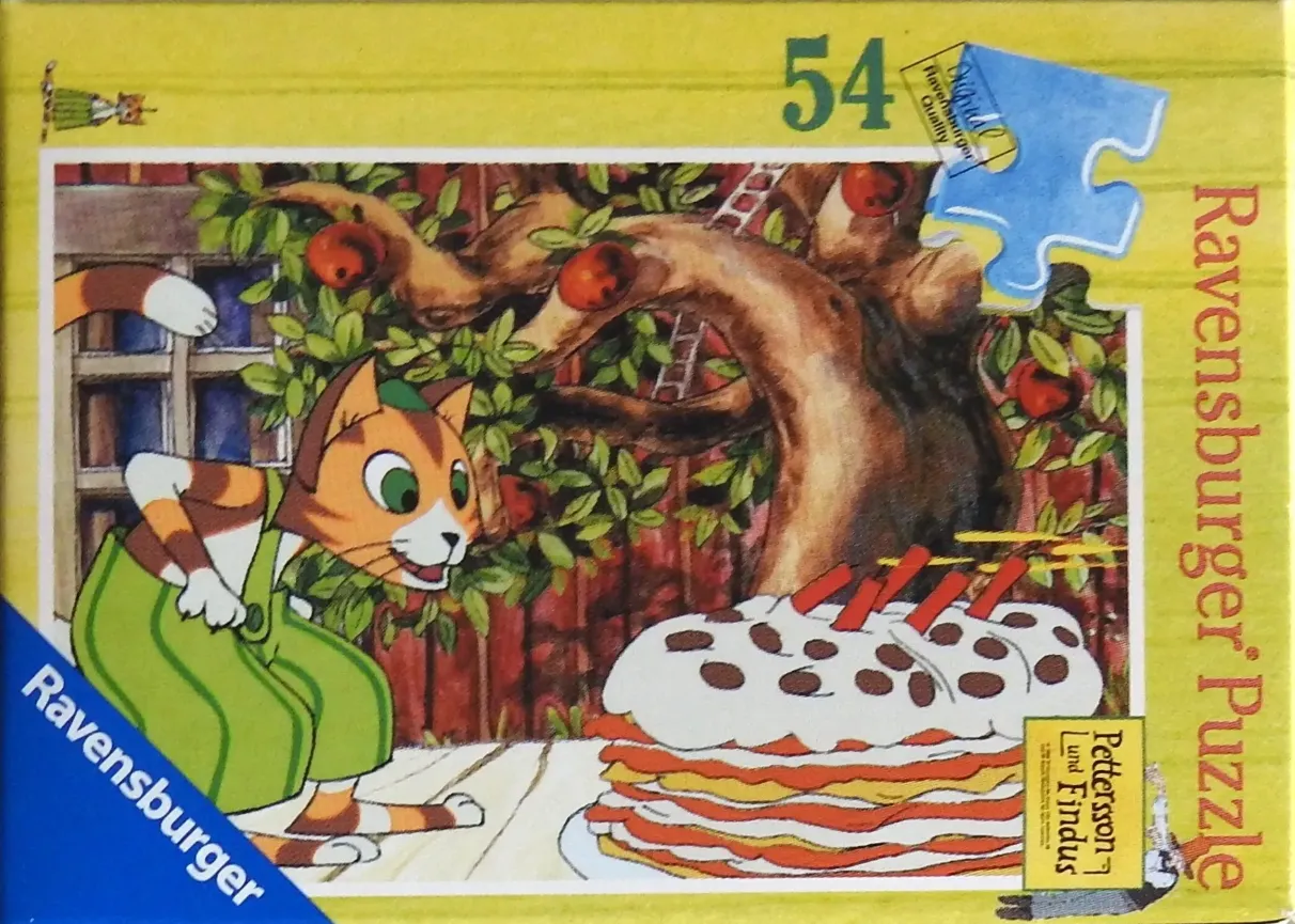 A cartoon cat in green overalls looks eagerly at a tiered cake in front of an apple tree.