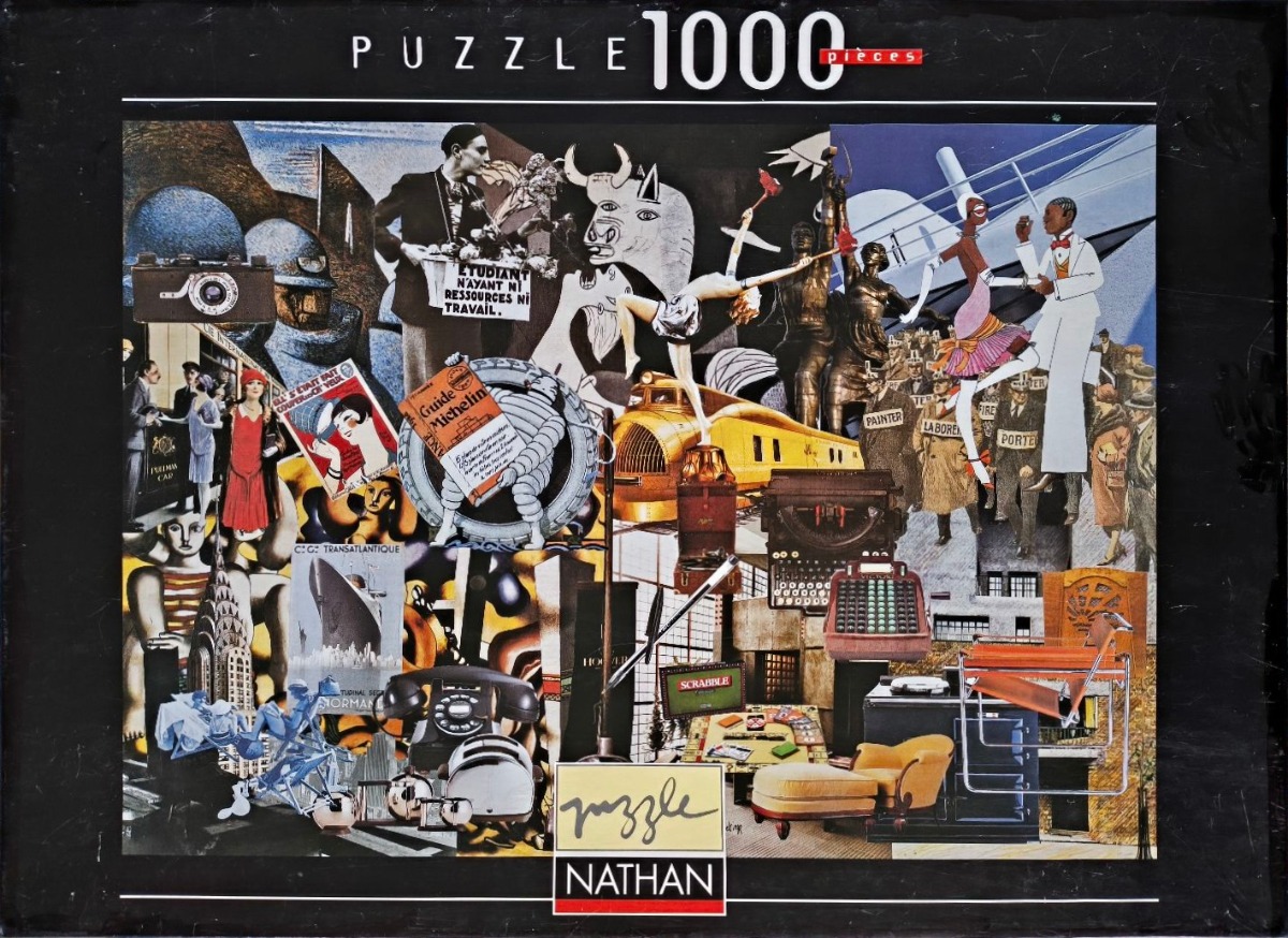 A dense, eclectic collage featuring vintage imagery, art deco figures, industrial icons, and cultural artifacts.