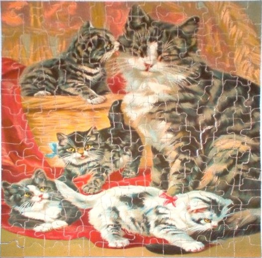 A painting of a mother cat with her four tabby kittens resting on a red blanket.