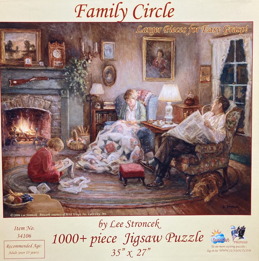 An oil painting of a family in a cozy living room with a fireplace, a quilting woman, and a reading man.