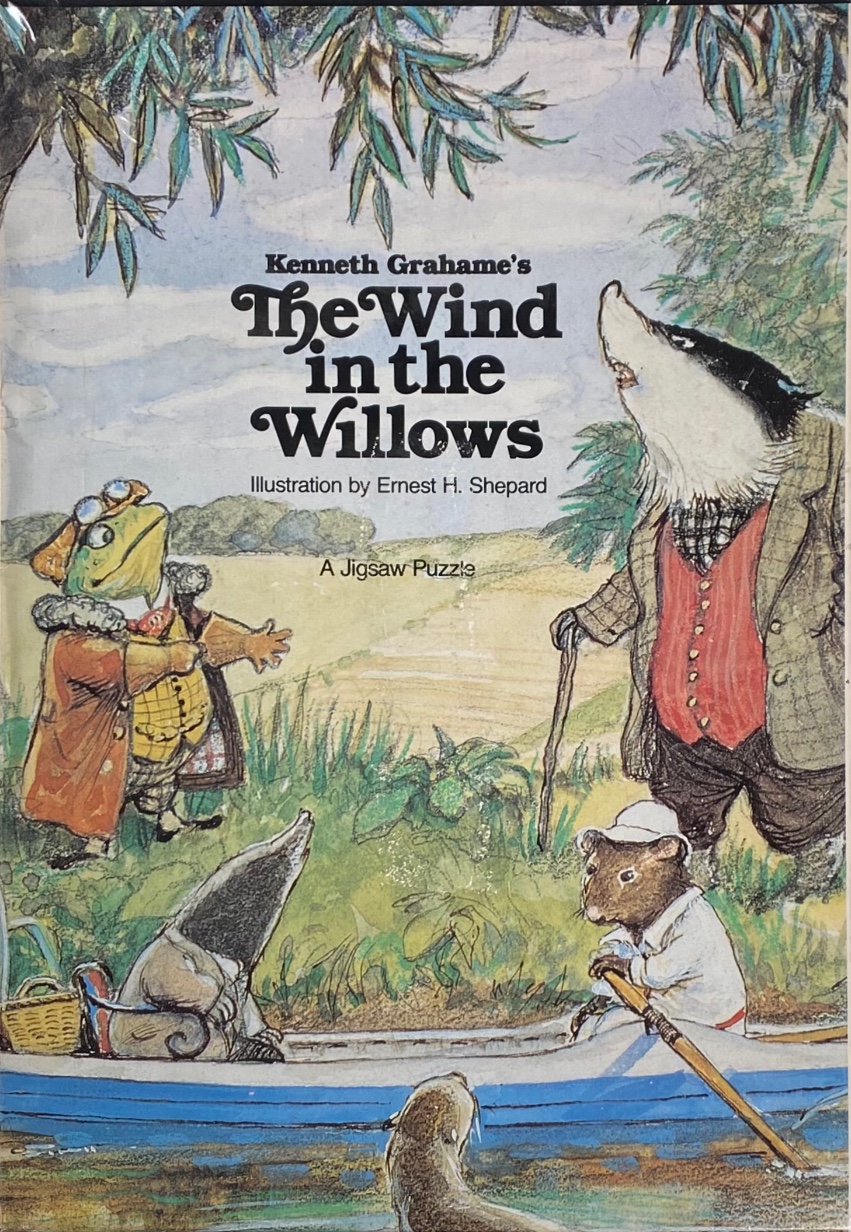 Illustration of characters from The Wind in the Willows including Toad, Badger, Mole, and Rat in a riverbank setting.