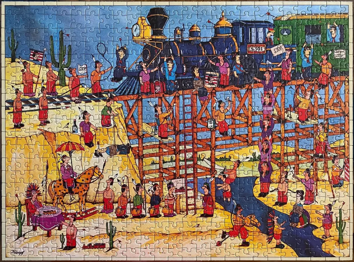 Cartoon scene of a train on a wooden trestle bridge in a desert landscape with many characters.