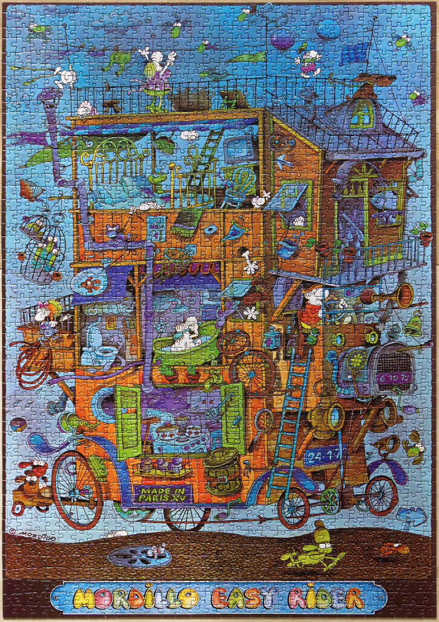 A whimsical, detailed illustration of a multi-story house on wheels populated by small, bulbous-nosed cartoon characters.