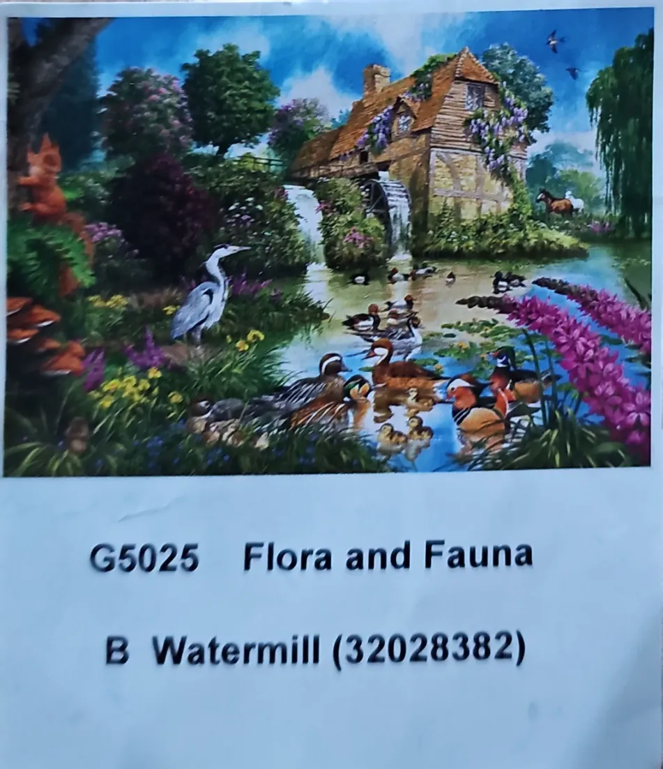 An idyllic pastoral scene featuring a stone watermill by a stream with a grey heron, ducks, and various flowering plants.