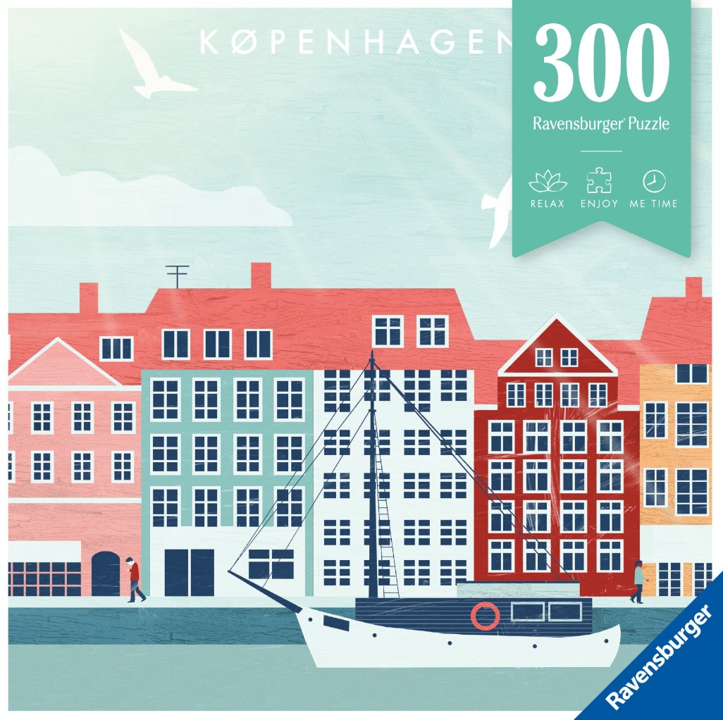 Stylized illustration of Copenhagen harbor with colorful buildings and a boat