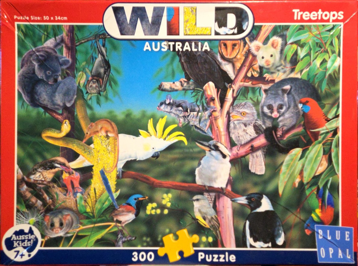 A montage of various Australian wildlife including a koala, cockatoo, kookaburra, and possums in a forest canopy.