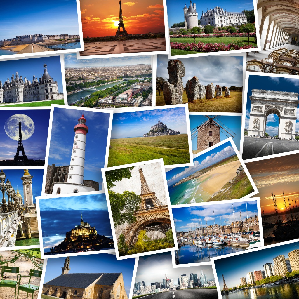 A collage of various landmarks and landscapes throughout France.