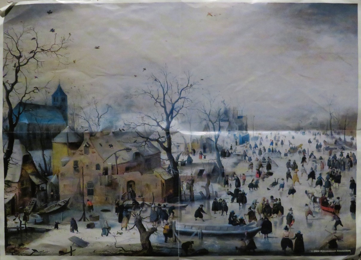 A wintry scene featuring a frozen canal filled with skaters and village buildings.