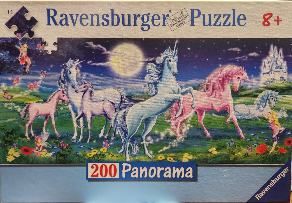 A fantasy illustration of multiple unicorns and fairies in a moonlit meadow with a castle in the distance.