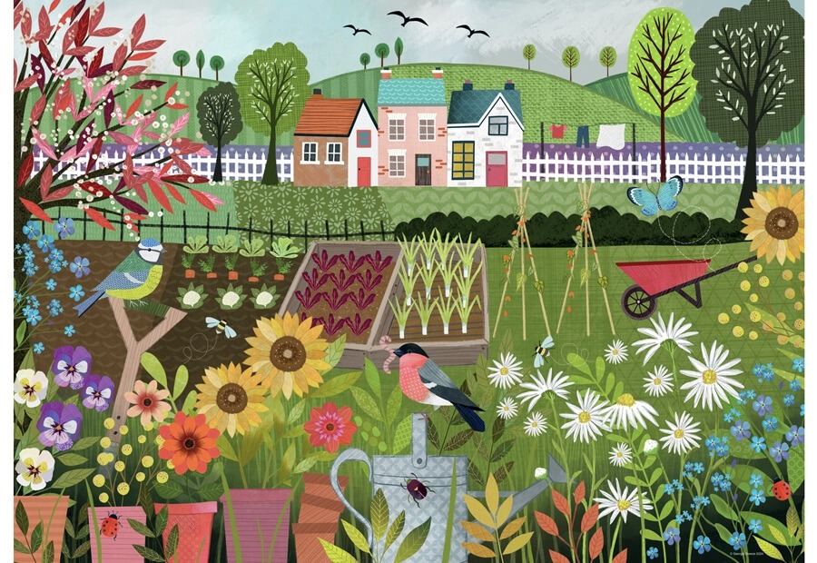An idyllic, stylized illustration of a charming cottage garden with birds, colorful flowers, and rows of vegetables.