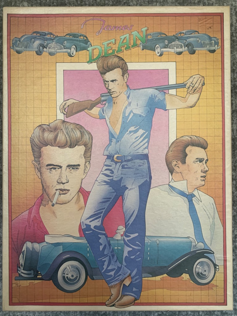 An illustration featuring James Dean in various poses with vintage cars, set against a grid-patterned background.