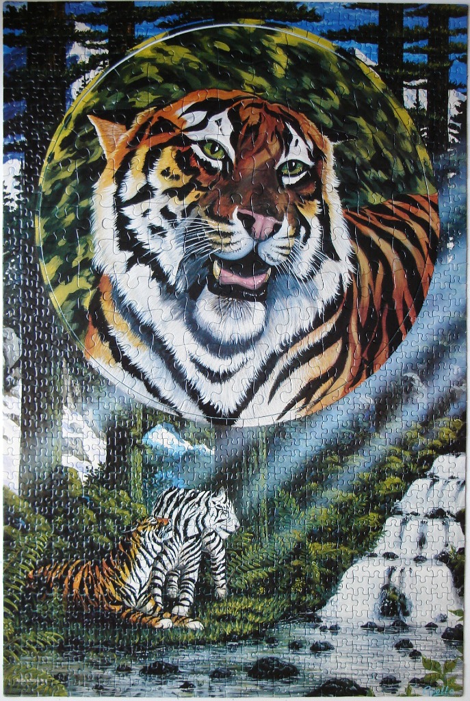 Painting of a tiger portrait above a scene with two tigers and a waterfall in a lush forest