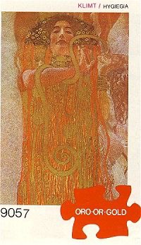 A reproduction of Gustav Klimt's Hygieia painting featuring a woman with flowing orange hair and a gold serpent.