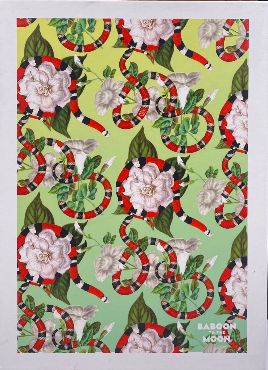 A repeating pattern of coral snakes, white flowers, and green leaves against a light lime green background.