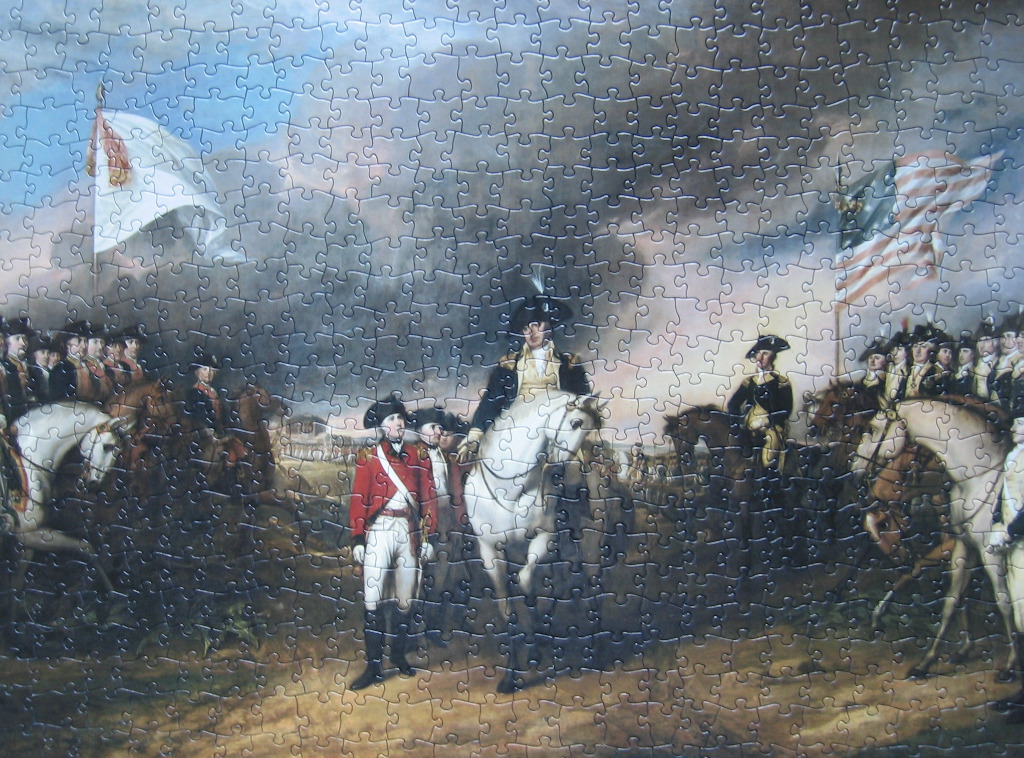 Historical oil painting showing George Washington on horseback with officers at the end of the Revolutionary War.