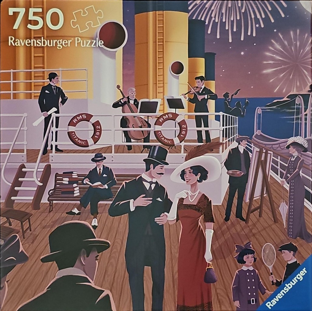 Illustrated scene of elegantly dressed passengers on the deck of the RMS Titanic at night with fireworks overhead.