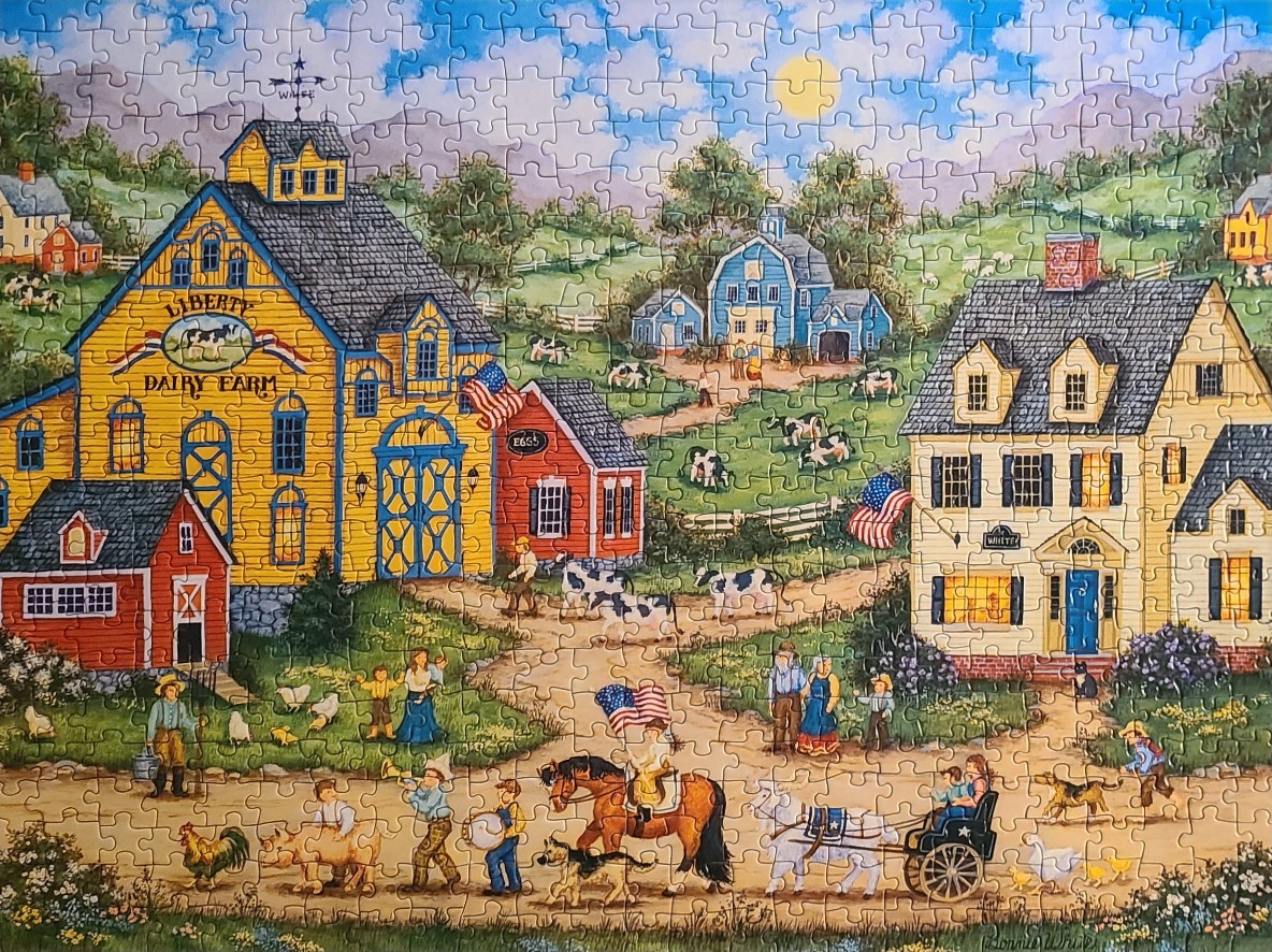 A nostalgic painting of a festive farm scene with a large yellow dairy barn and a town house on a sunny day.