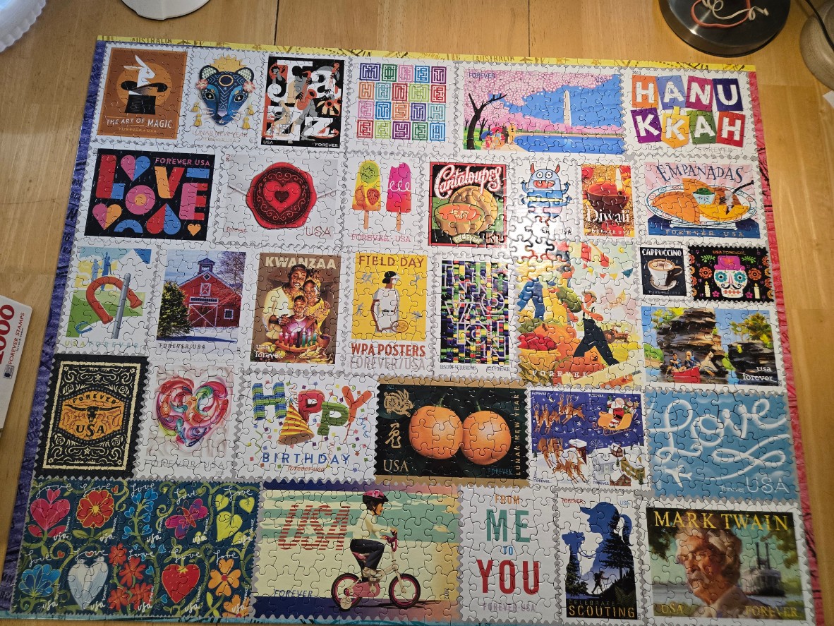 A collage of various United States postage stamps featuring diverse themes and designs.