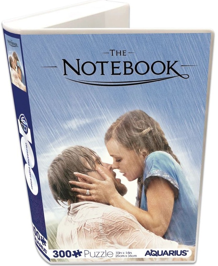 A romantic scene of a couple kissing in the rain, with the title The Notebook printed above them.