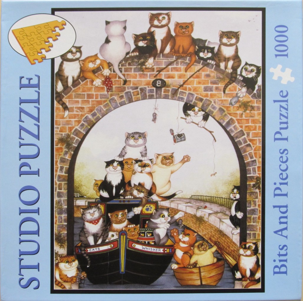 Whimsical illustration of numerous cats gathered around a canal boat passing under an old brick bridge.