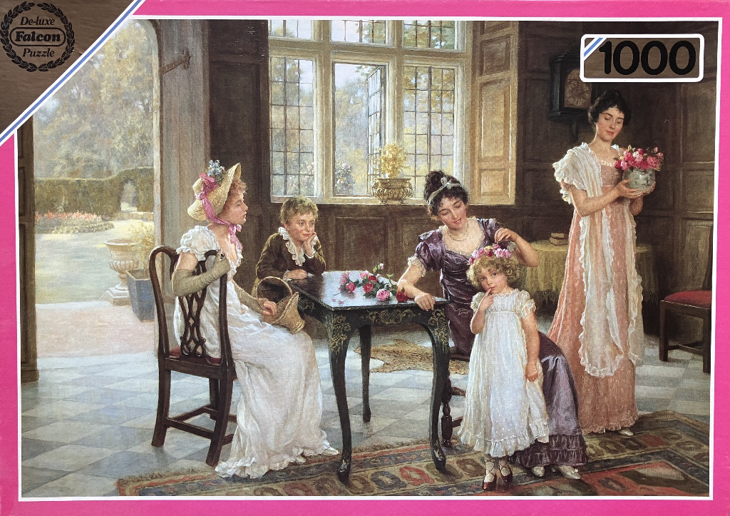 An oil painting depicts a group of Victorian-era women and children arranging flowers in an elegant interior setting.