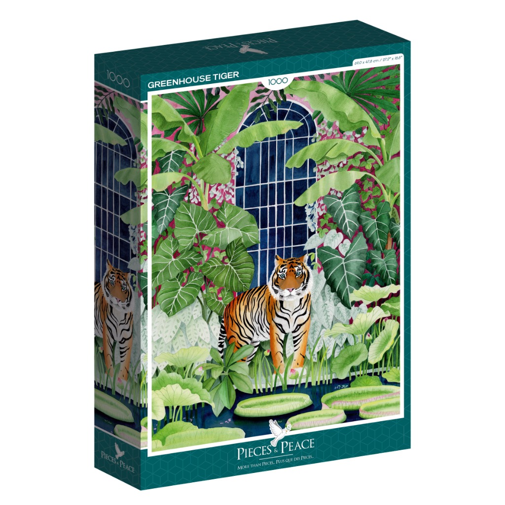 Illustration of a tiger standing in a lush greenhouse filled with large tropical leaves and a pond.