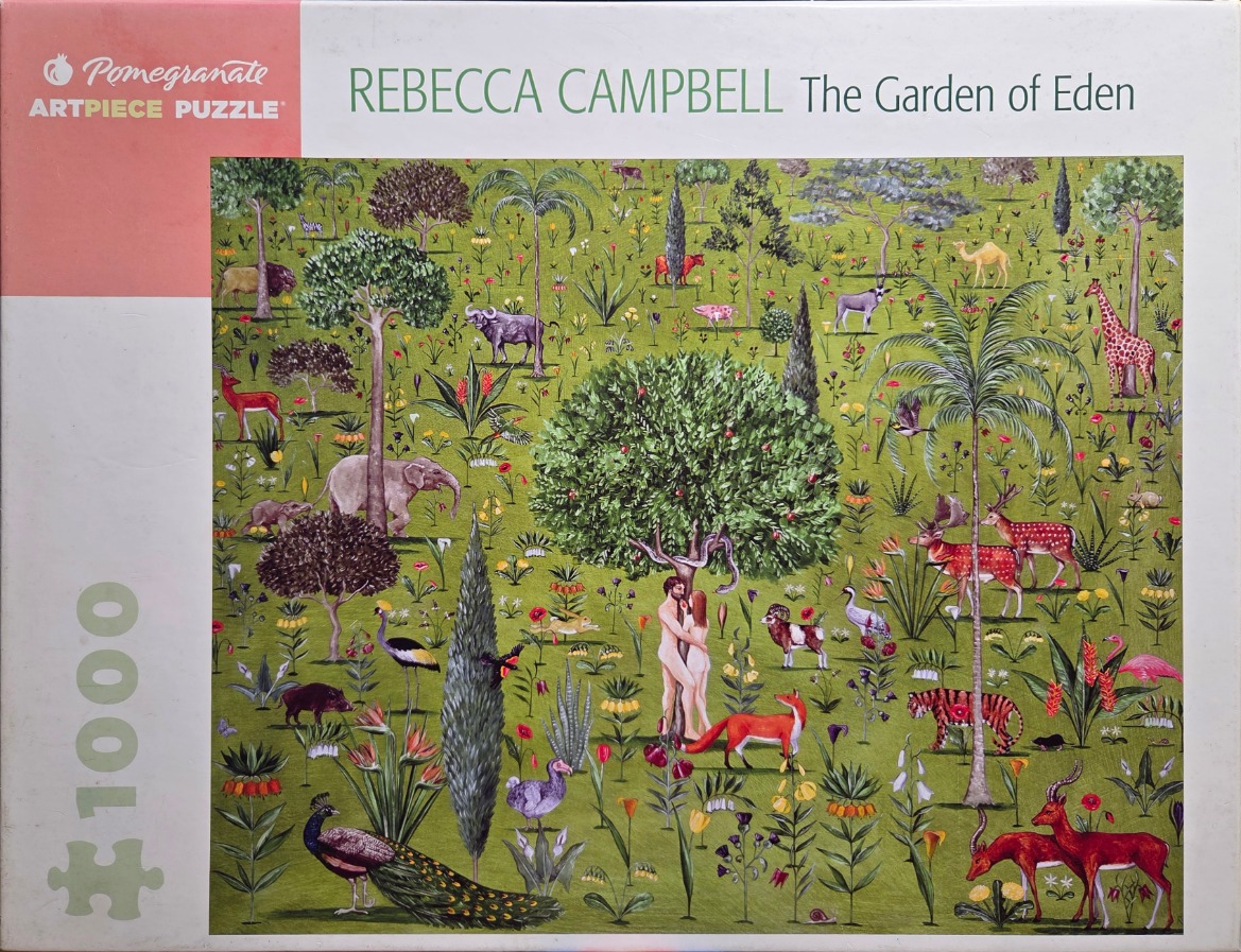 An illustration of Adam and Eve standing under a tree in a lush green Garden of Eden filled with diverse wildlife.