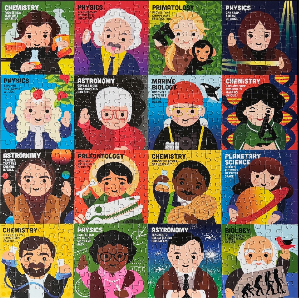 A collage of 16 cartoon scientists representing various fields of study, each with a descriptive caption.