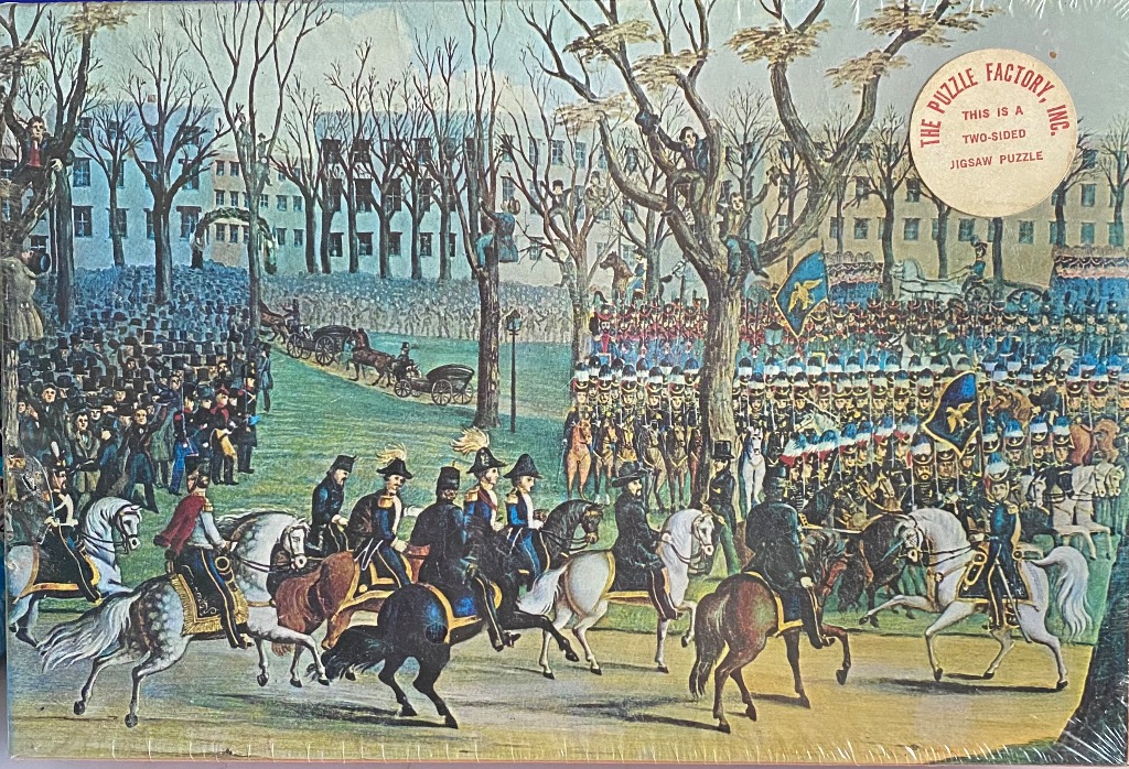 Historical illustration of a 19th-century military parade and crowd in a town square.