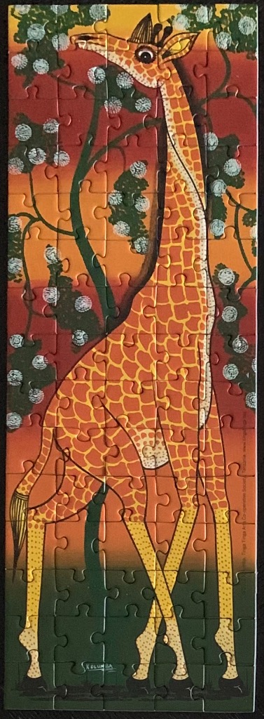 Stylized painting of a tall giraffe in a sunset-colored landscape with flowering trees.