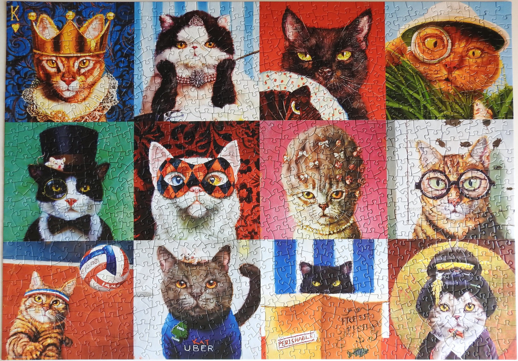 A grid of twelve stylized cat portraits depicting various whimsical and costumed characters.