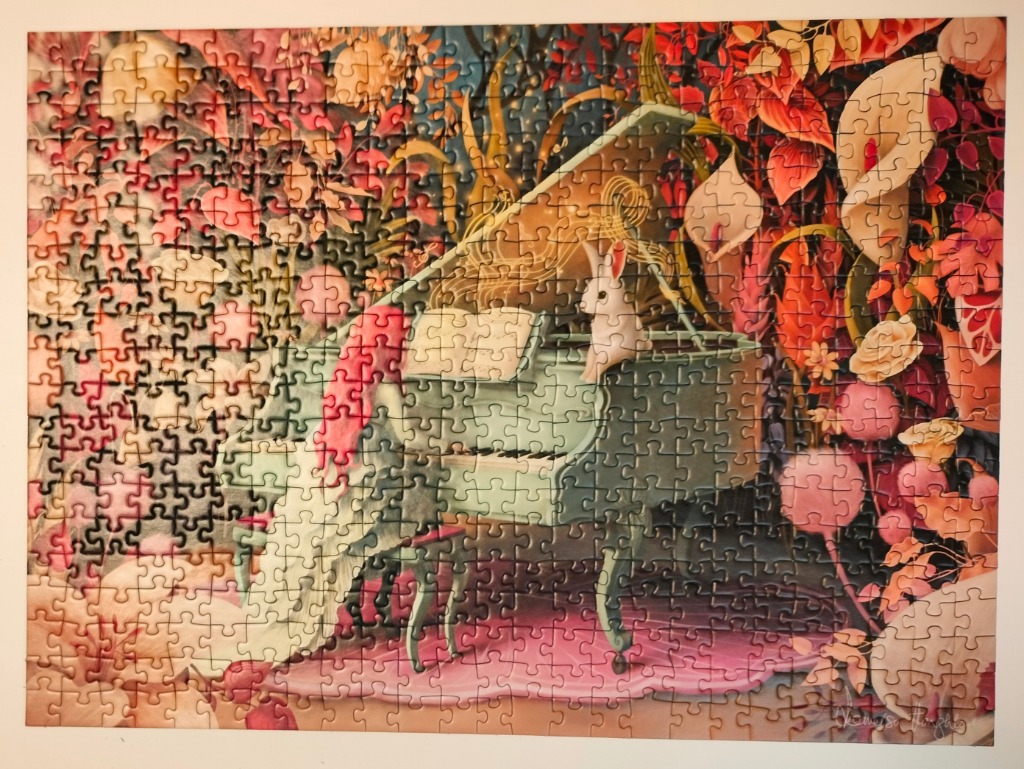 A whimsical illustration of a white rabbit sitting on a grand piano surrounded by lush, vibrant red and orange foliage.
